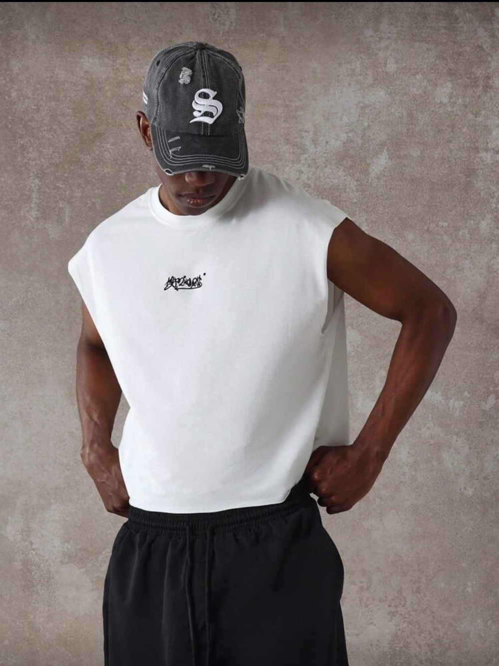White Sleeveless Tank with Black Script Logo and Cherry Graphic Design